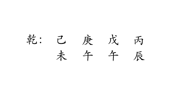 乾 : 
己 庚 戊 丙 
未 午 午 辰 